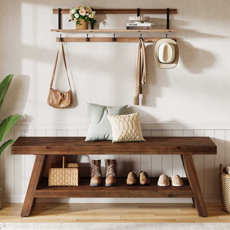Solid Wood Storage Bench, Dark Brown