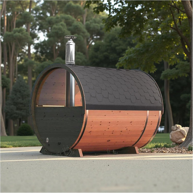 ZONEMEL Barrel Steam Sauna for 8 Person, Half Moon Glass Window, 5.9ft x 7.9ft Canadian Hemlock Outdoor Sauna with Asphalt Shingles Roof, Wood-Fired Stove, Waterproof System, Chimney Kit, Rain Tarp