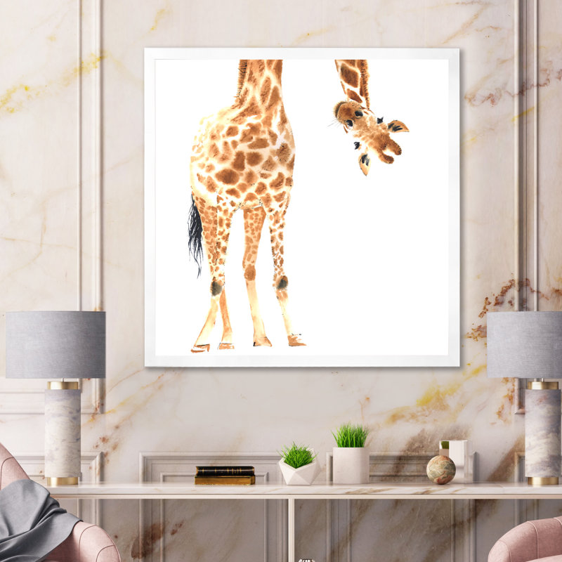Portrait d'une girafe sur blanc - peinture sur toile, H 30 po x l 30 po, Cadre de coin blanc fermé