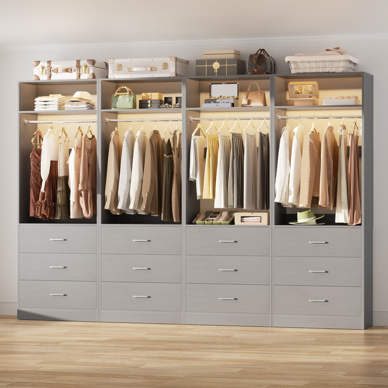  Bahari Freestanding 96" Closet System With 12 Wood Drawers, Gray