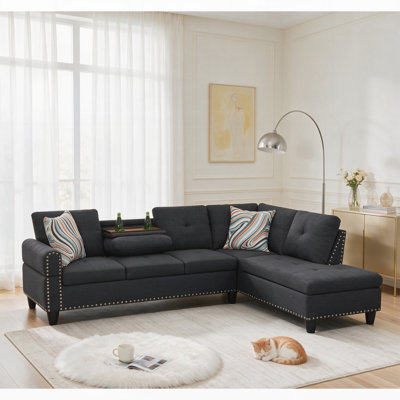 Canapé modulaire avec plateau latéral pour 2 porte-gobelets, canapé 4 places en lin réversible, canapé d'angle capitonné clouté pour petit salon
