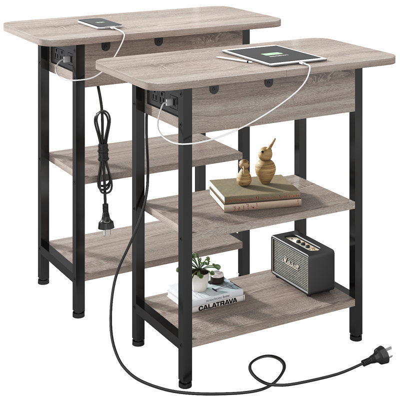 Ensemble de 2 tables de bout avec station de chargement et de rangement, Grège