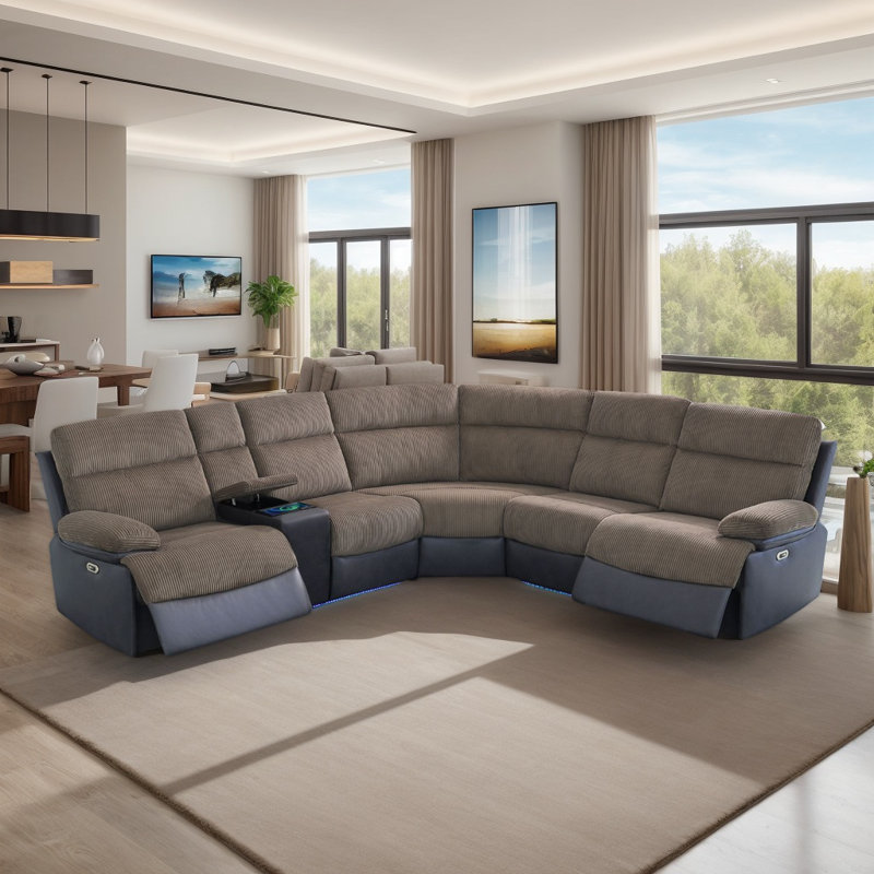 189" Power Recliner Sectional With Corduroy Top, Leather Base, And Built-in Middle Console