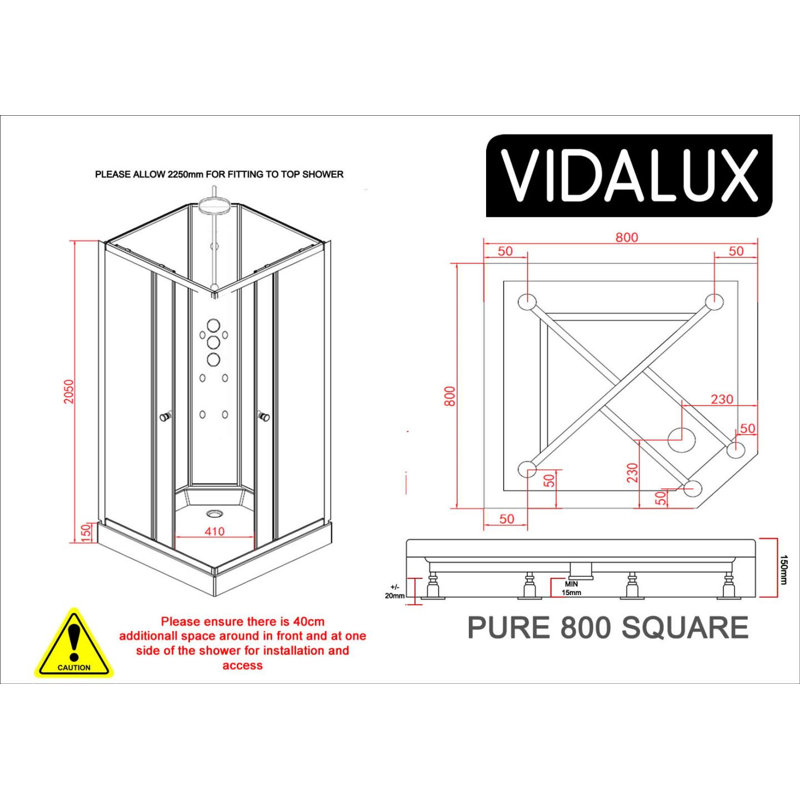 Vidalux Pure Square Hydro Shower, White, 230cm H x 80cm W x 80cm D