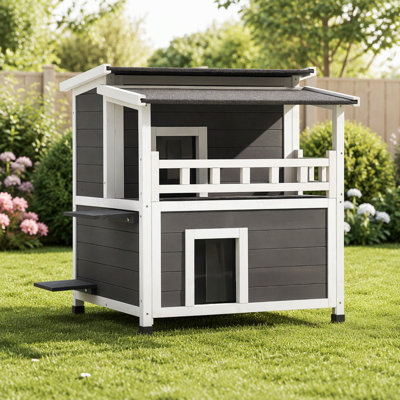 Maison pour chat isolée, abri pour chat en bois de 2 étages, isolation en mousse, abri pour chat féral avec balcon, condos de chats imperméables pour l'intérieur et l'extérieur 1 à 3 chats en hiver