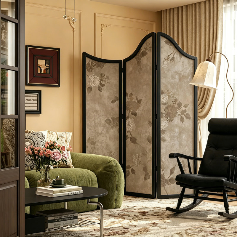 Irregular Vintage Solid Pine Floral Movable Folding Room Divider Screen