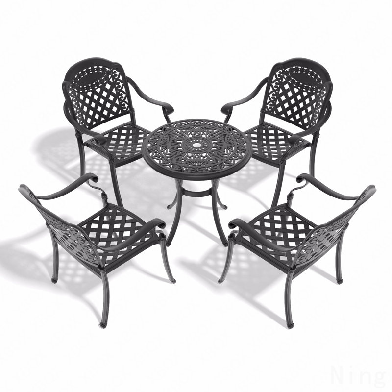 5-Piece Set Of Cast Aluminum Patio Furniture, With Black Frame And Red Seat Cushions