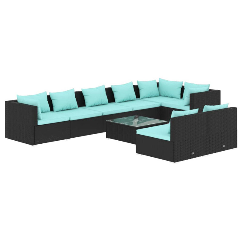Ensemble de conversation modulaire 9 pièces, 3x corner + 5x middle + table, Noir et bleu eau
