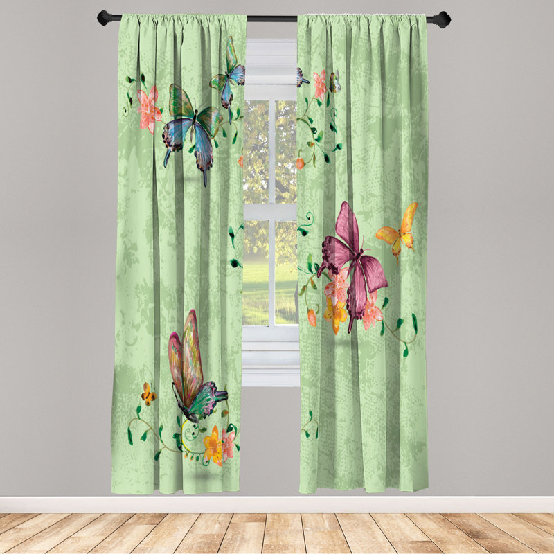 Microfiber Floral Semi-Sheer Rod Pocket Curtain Panels, 28" W x 84" L, Light Green/Violet/Merigold