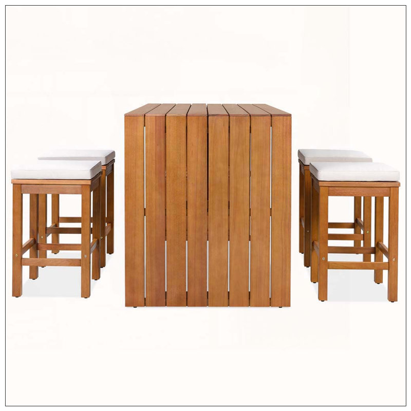Ensemble de bar d'extérieur 5 pièces en bois d'acacia avec coussins beiges