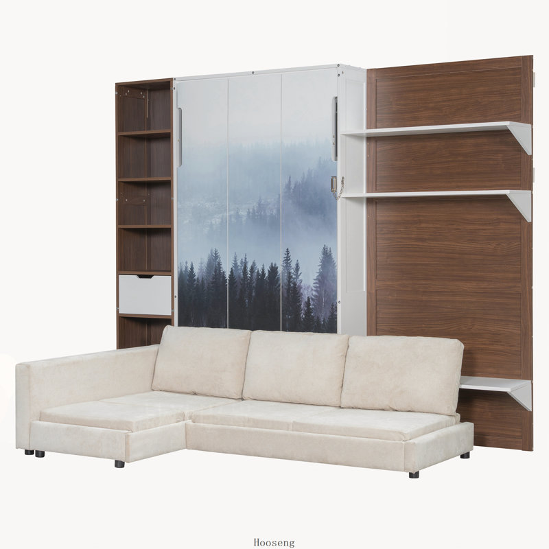 Lit escamotable double avec armoire de rangement, tablettes ouvertes, port USB et façade de canapé, blanc, Blanc
