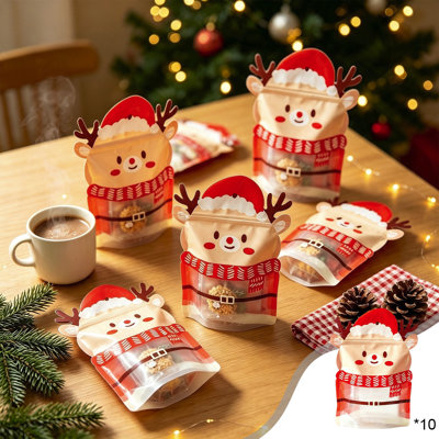 Christmas Reindeer Selfs Sealing Treat Bags 10 Pack Cookies Candy Storage Bags With Closure For Holiday Party Favors Baking Gifts