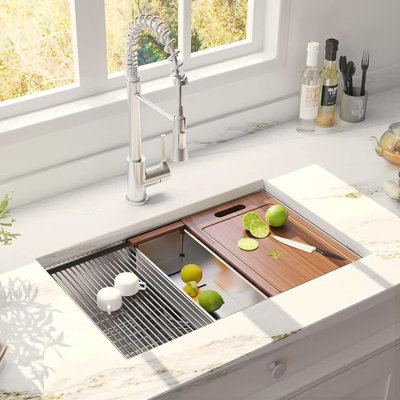 32 inch Undermount Workstation Kitchen Sink, ALWEN Stainless Steel Kitchen Sink, 32" x 18" Single Bowl Sink R10 Tight Radius with cutting board