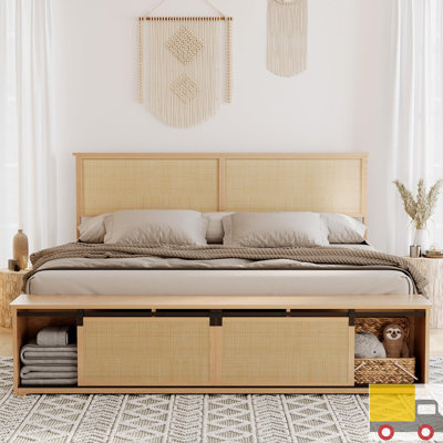 Très grand cadre de lit en rotin Boho avec tête de lit à DEL, armoire de rangement avec porte de grange coulissante, pieds et lattes en bois massif, aucun sommier tapissier requis, lit plateforme Farmhouse