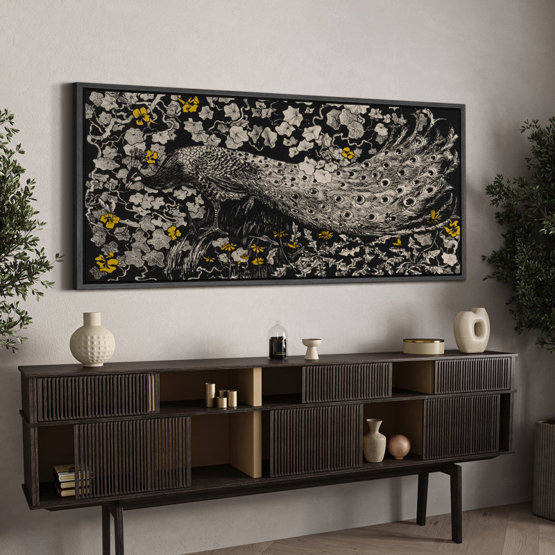 Paon exotique avec animaux botaniques, Black, H 30 po x l 60 po