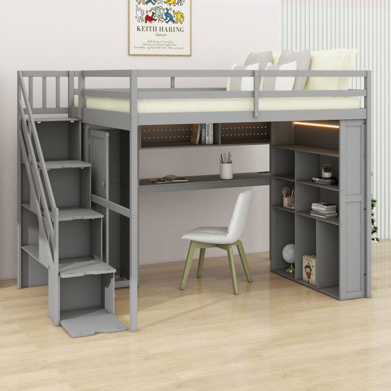 Structure de lit mezzanine peu encombrante avec garde-robe intégrée, bureau, tablettes et lumières, Gris