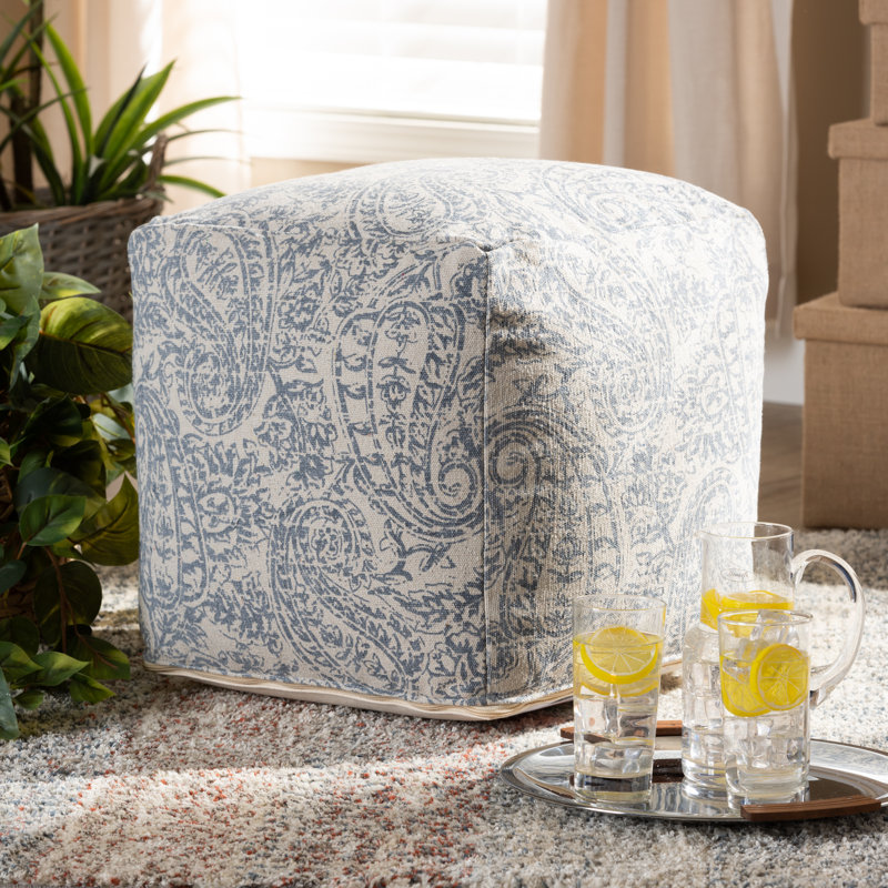 Ganae Upholstered Pouf, Grey/Blue Print