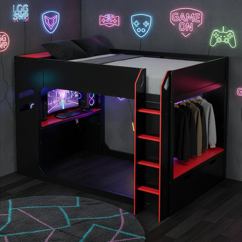 Lit mezzanine double avec bureau à hauteur réglable, tige de suspension et tête de rangement, Rouge / Noir