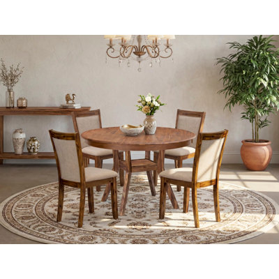 5-Pc Dining Set Includes a Pedestal Breakfast Table and 4 Light Tan Linen Fabric Modern Chairs with Padded Back- Antique Walnut Finish