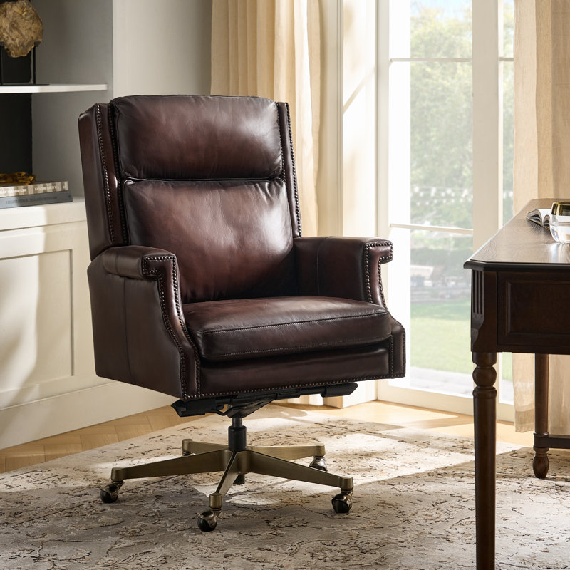 Heeg Transitional 46.5"H Genuine Leather Wingback Design 360° Swivel Tilting Lock Office Chair with Nailhead Trim, Brown