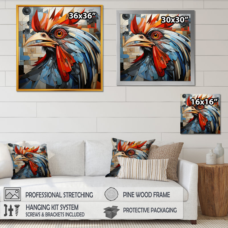 «Cubic Colorful Rooster Collage II», art animalier mural, H 36 po x l 36 po x P 1,5 po, Cadre flottant doré