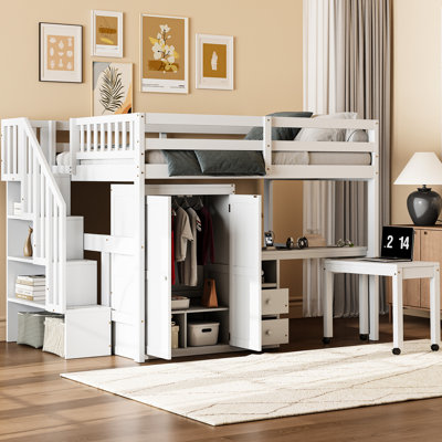 & Teens White Loft Bed With Stairs, Bookshelf, Drawers, Desk And Wardrobe - Space Functional Bedroom Setup Multifunctional For ' Organization