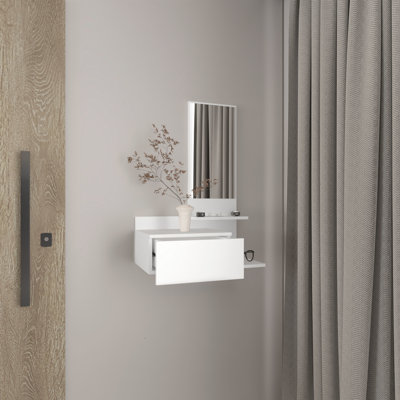 White 3 Shelf Mirror Console Table With Full Extension Drawer - Design, Functional & Stylish White, For Entryway