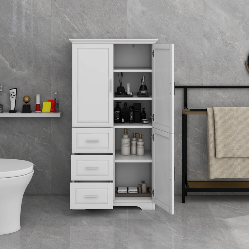 Tall And Wide Storage Cabinet With Doors, Three Drawers, White