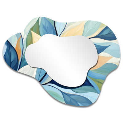 Botanical Cloud-Shaped Accent Mirror – Blue and Green Faded Sepia Leaves, Metal Print