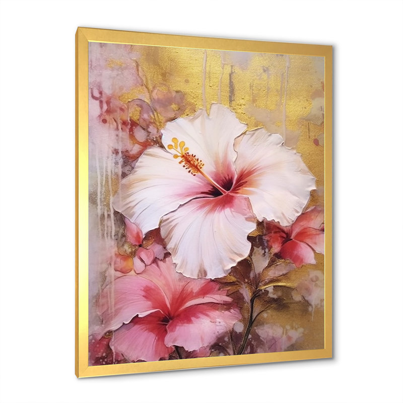 Exotic Gold and Pink Hibiscus Beauty, reproduction d'art sur toile, Cadre doré simple, H 44 po x l 34 po x P 1,5 po