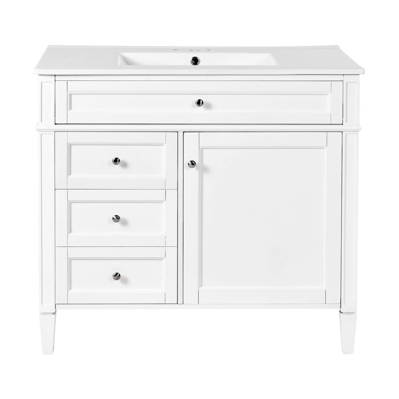 36'' Bathroom Vanity With Top Sink, Blanc, Argent argent