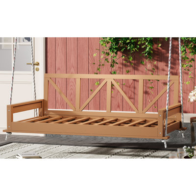 Lit-balançoire en bois pour lit simple de patio, dossier haut de 27,8 pouces, cordes en chanvre de 16,4 pieds, capacité de poids de 350 lb, espace de détente en plein air, 2 accoudoirs, charge, confort du dossier pour les adolescents