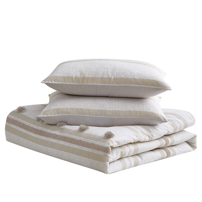 Full Gray Cotton Reversible Comforter Set with Pom Pom Stripes