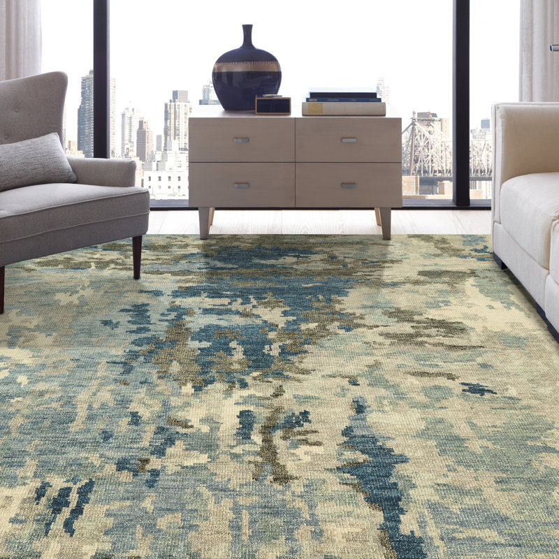 Channon Hand Knotted Wool Abstract Area Rug in Blue/Brown/Gray, Round 8'