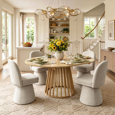 4- Person Dining Table Sets With Extendabe Oval Table & 4 Upholstered Tweed Swivel Chairs