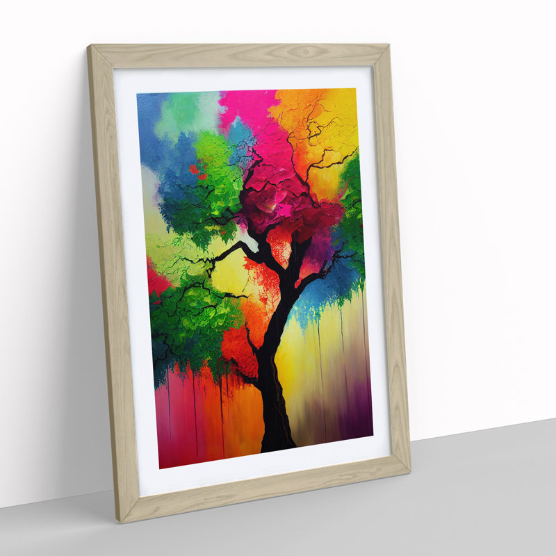 Colourful Abstract Tree No.3 - Wall Art, 48cm H x 36cm W, Oak Framed, White
