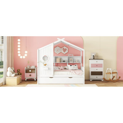 Wooden  House Bed With Trundle Design Kids With Storage Shlef