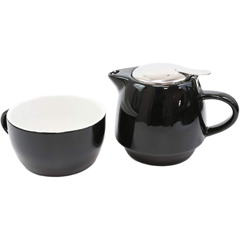 Ensemble de théière empilable Winston Porter en céramique contemporaine colorée 20 oz avec tasse assortie infuseur en acier inoxydable et couvercle comme ensemble de théière de décoration de salle à manger (noir brillant)