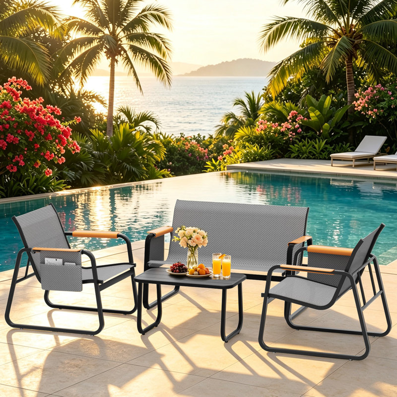 Ensemble de conversation moderne pour 4 personnes, 2 chaises berçantes et 1 causeuse avec pochette de rangement et accoudoirs larges, mobilier en métal toutes saisons avec table basse pour bistro de patio