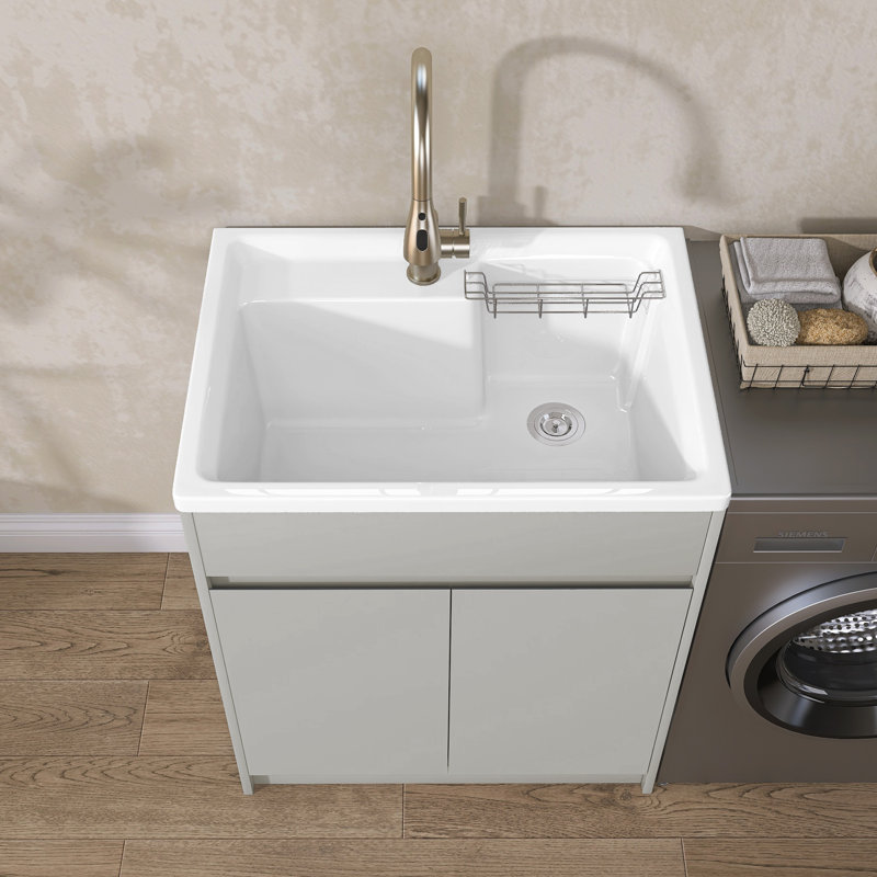 Freestanding 30'' Light Grey Laundry Sink Cabinet with Hot & Cold Water Faucet Drop-in Solid Surface Utility Sink