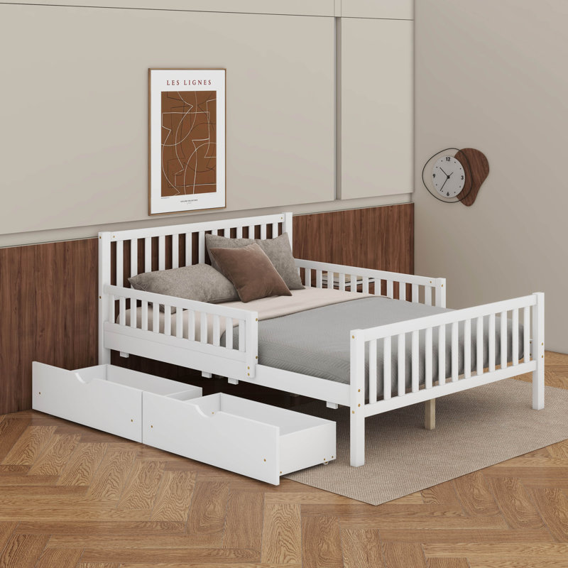  Lit plateforme en bois avec garde-corps et 2 tiroirs, Lit double, Blanc