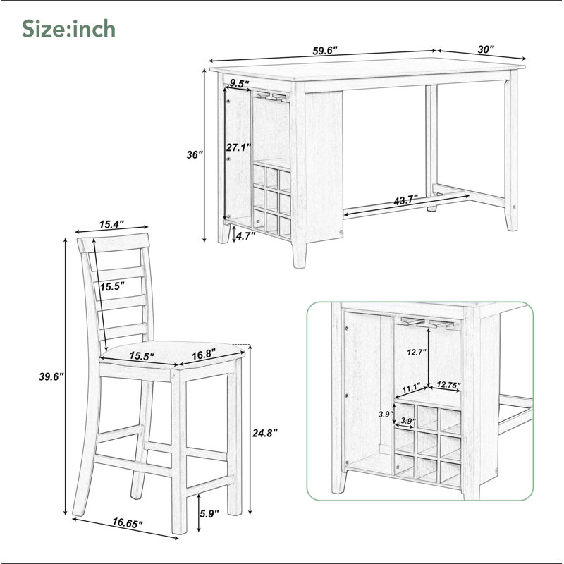 Ensemble de salle à manger 5 pièces multifonctionnel en bois d'hévéa à hauteur de comptoir avec chaises rembourrées et compartiment à vin intégré à 9 bars, porte-verres à vin pour la salle à manger