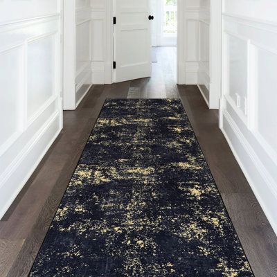 Area Rug For Living Room - Washable, Non-Shedding, Stain  Black + Gold, 2'6'' X 10' Machine Washable Room, Hallway