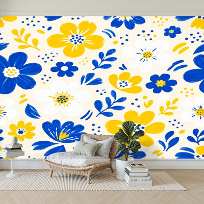 Wall Mural Peel and Stick Wallpaper Playful Blue Daisy Yellow Centers White Self-Adhesive Removable Contact Paper Wall Decor for Living Room Bedroom 100"H x 144"W