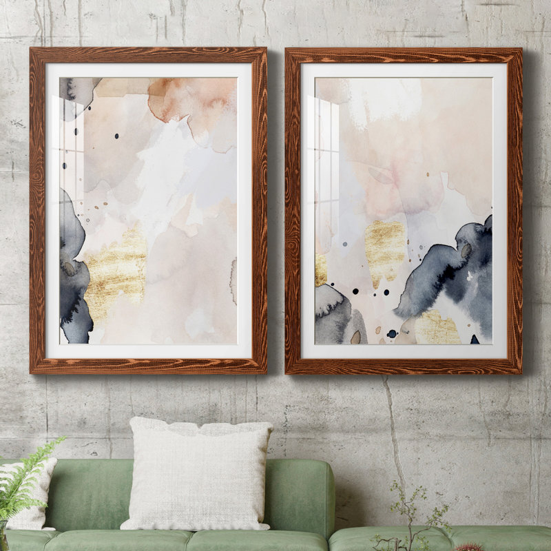 Indigo Blush and Gold III - ensemble de 2 peintures encadrées, H 31,5 po x l 43,5 po x P 1 po, Érable