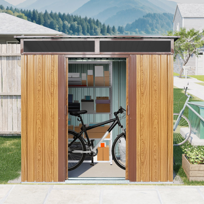 6Ft X 5Ft Outdoor Metal Storage With Transparent Plate And Foundation For Backyard Garden Patio --Coffee