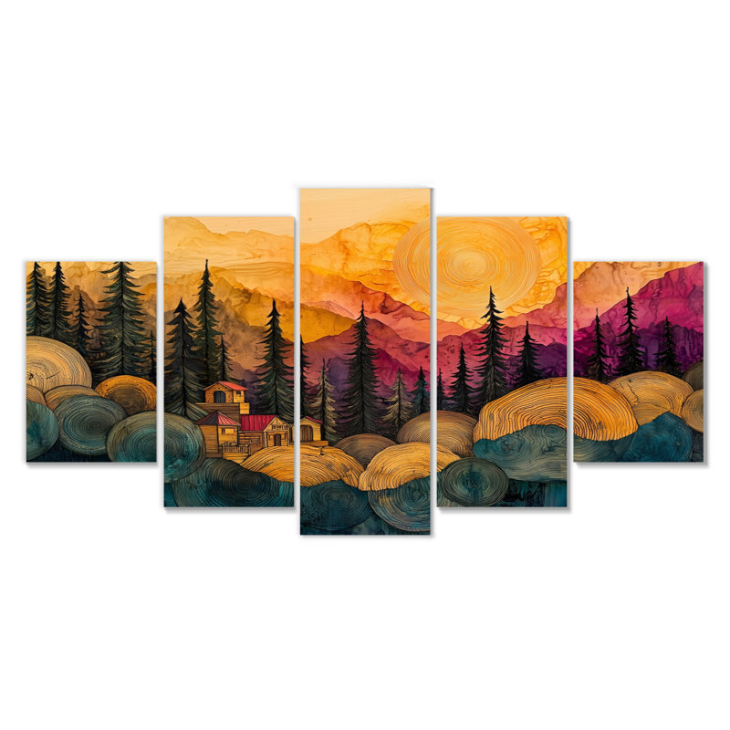 «Native Indian Village In AForest Landscape II», art mural indien - ensemble d'art mural traditionnel diamant
