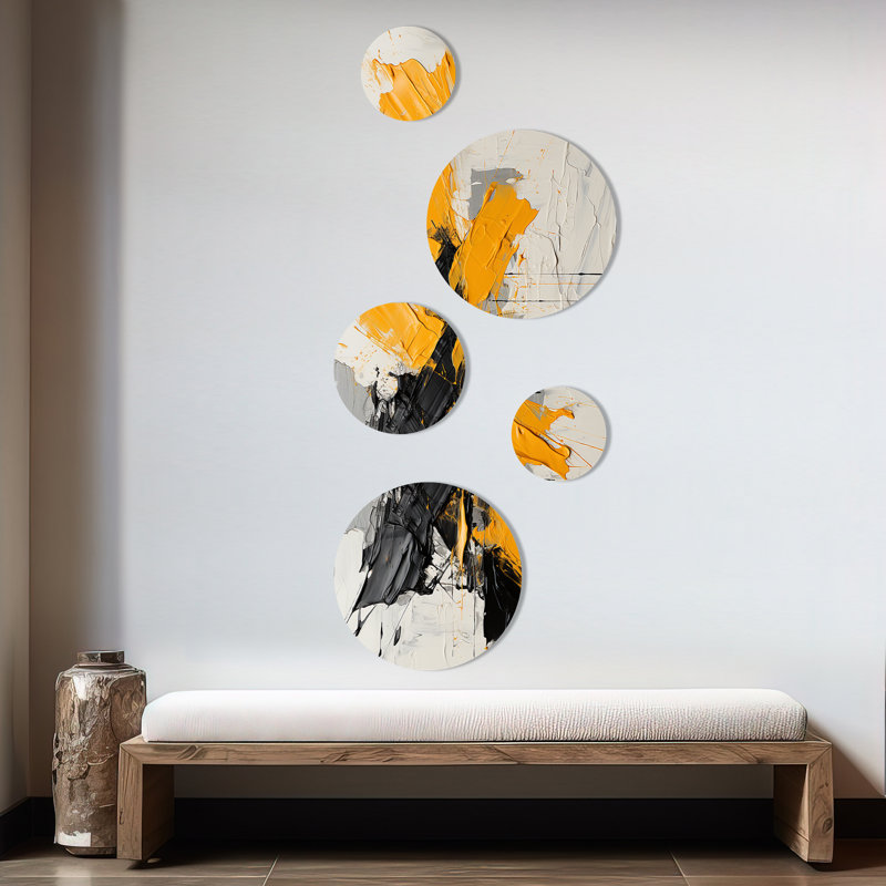 Peinture grise et jaune Elegance III - ensemble de 5 collages abstraits ronds