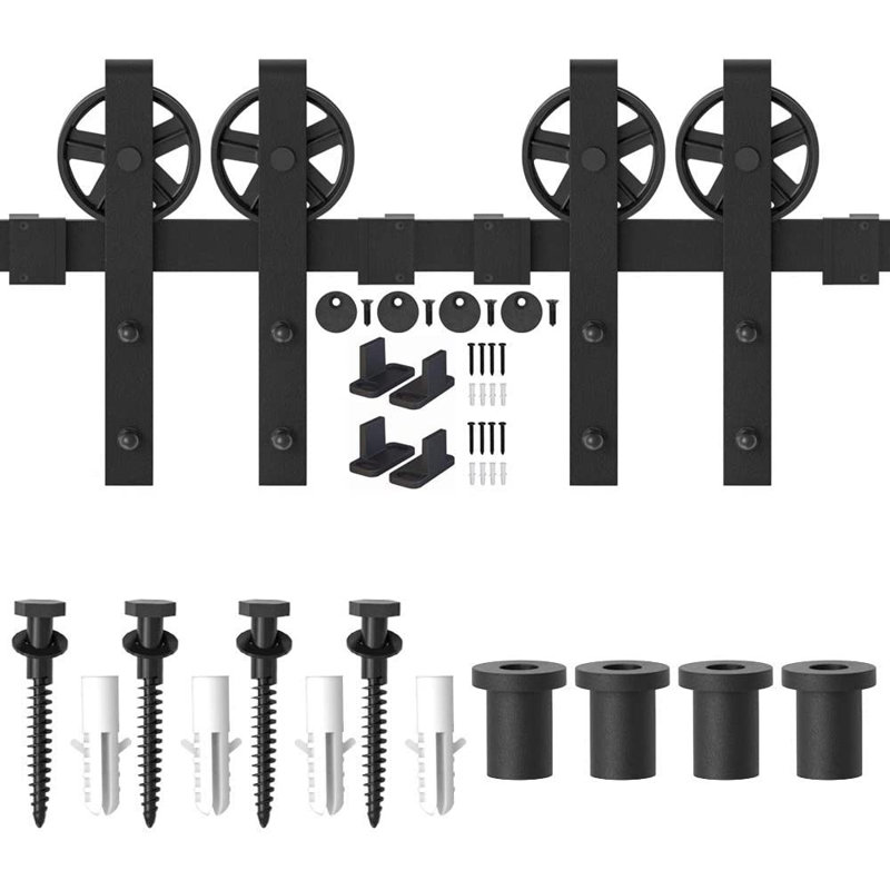 Matte Black Double Barn Door Hardware Kit with Spoke Wheel