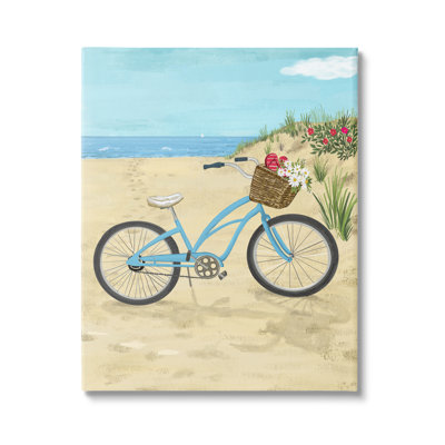 Bleu, bicyclette, fleur, panier, plage, sable, par Sharon Lee - Peinture
